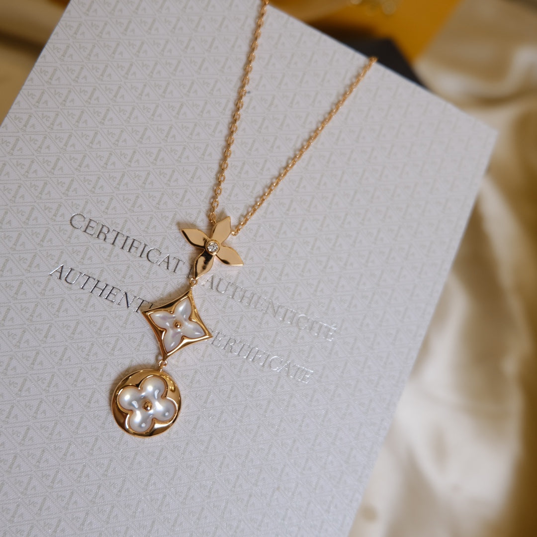 [Lucky Star]COLOR BLOSSOM LARIAT NECKLACE PINK GOLD WHITE MOTHER PEARL AND DIAMOND