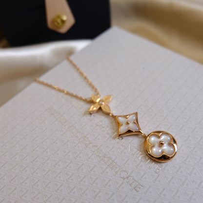 [Lucky Star]COLOR BLOSSOM LARIAT NECKLACE PINK GOLD WHITE MOTHER PEARL AND DIAMOND