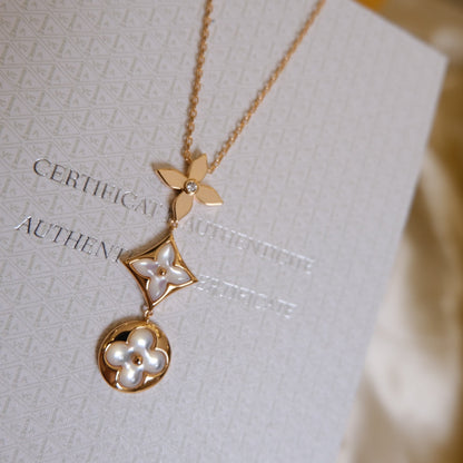 [Lucky Star]COLOR BLOSSOM LARIAT NECKLACE PINK GOLD WHITE MOTHER PEARL AND DIAMOND