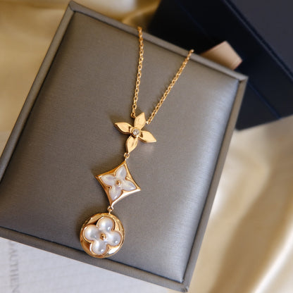 [Lucky Star]COLOR BLOSSOM LARIAT NECKLACE PINK GOLD WHITE MOTHER PEARL AND DIAMOND