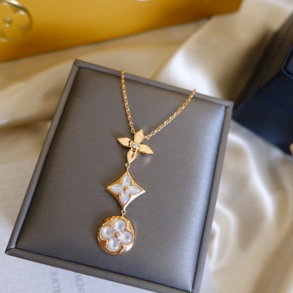 [Lucky Star]COLOR BLOSSOM LARIAT NECKLACE PINK GOLD WHITE MOTHER PEARL AND DIAMOND
