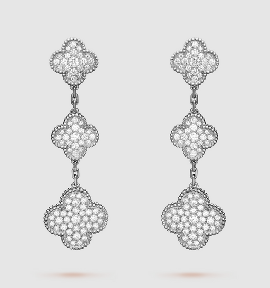 [Lucky Star]CLOVER 3 MOTIF DIAMOND SILVER DROP EARRINGS