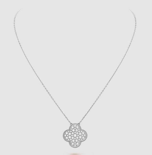[Lucky Star]CLOVER 25MM LARGE PENDANT DIAMOND PAVED SILVER NECKLACE
