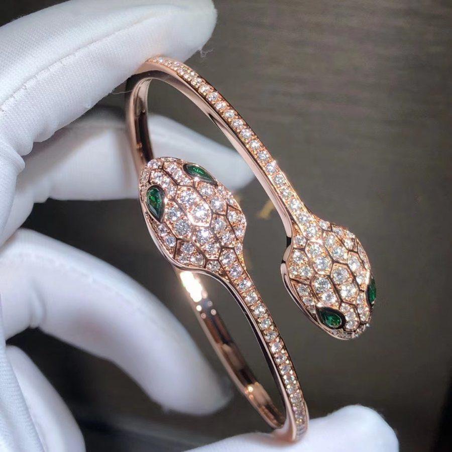 [Lucky Star]SERPENTI BRACELET PINK GOLD MALACHITE DIAMOND DOUBLE SNAKE