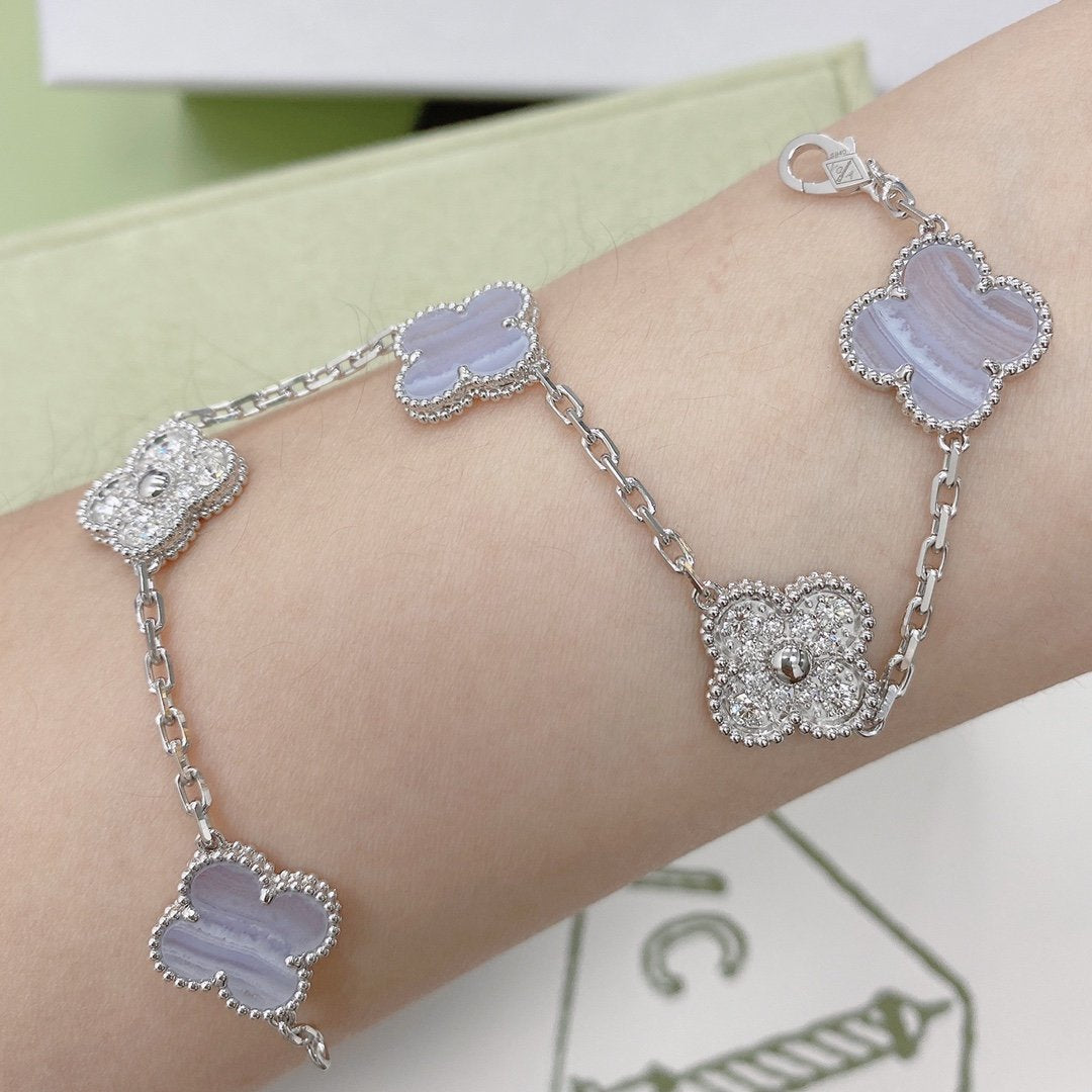 [Lucky Star]CLOVER  5 MOTIF DIAMOND PURPLE CHALCEDONY BRACELET SILVER