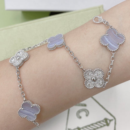 [Lucky Star]CLOVER  5 MOTIF DIAMOND PURPLE CHALCEDONY BRACELET SILVER