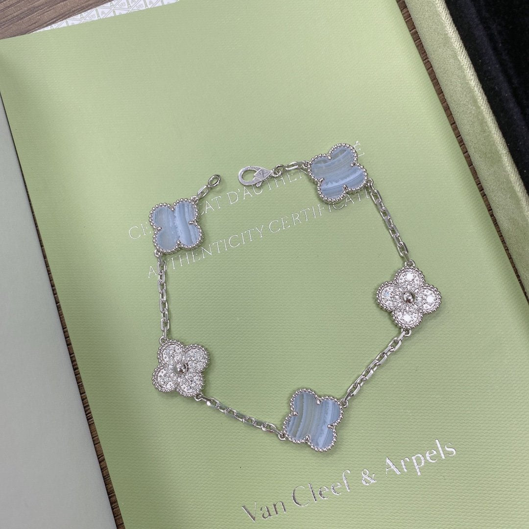 [Lucky Star]CLOVER  5 MOTIF DIAMOND PURPLE CHALCEDONY BRACELET SILVER