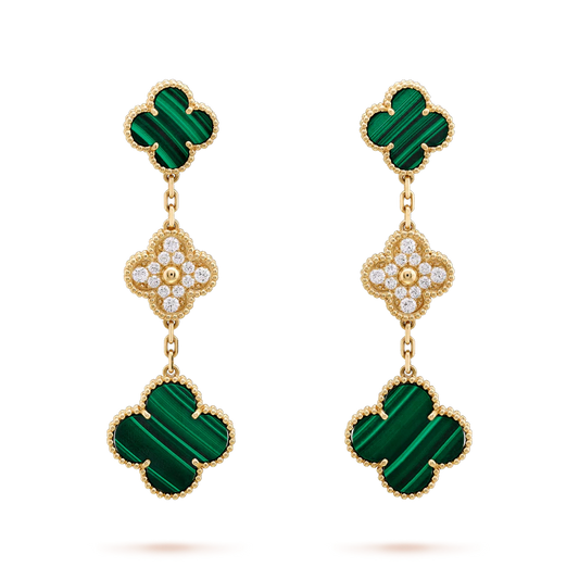 [Lucky Star]CLOVER EARRINGS GOLD MALACHITE DIAMOND 3 MOTIF