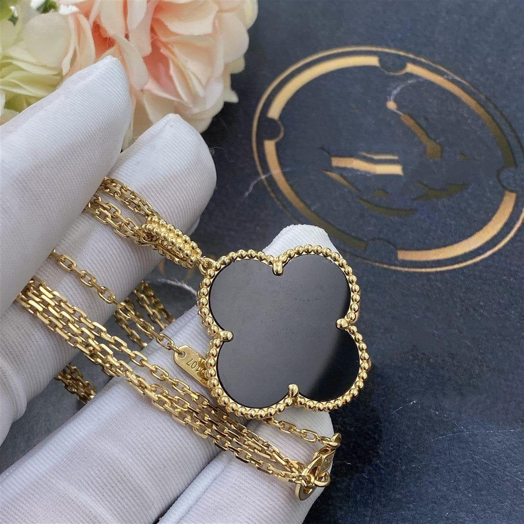 [Lucky Star]CLOVER 25MM GOLD ONYX BIG CLOVER NECKLACE