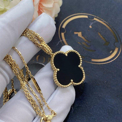 [Lucky Star]CLOVER 25MM GOLD ONYX BIG CLOVER NECKLACE