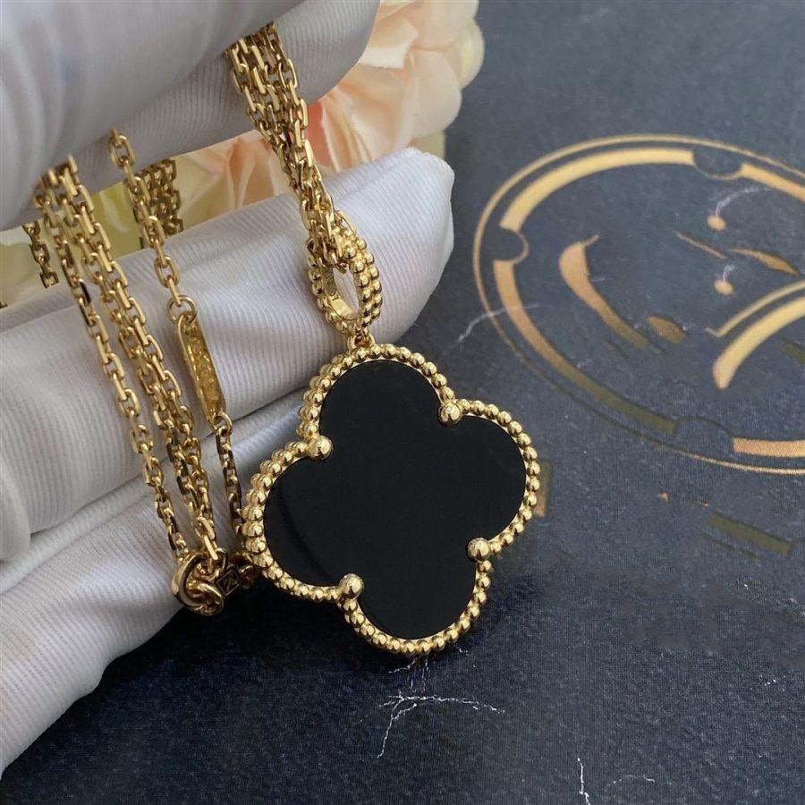 [Lucky Star]CLOVER 25MM GOLD ONYX BIG CLOVER NECKLACE