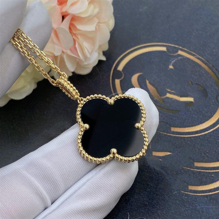 [Lucky Star]CLOVER 25MM GOLD ONYX BIG CLOVER NECKLACE