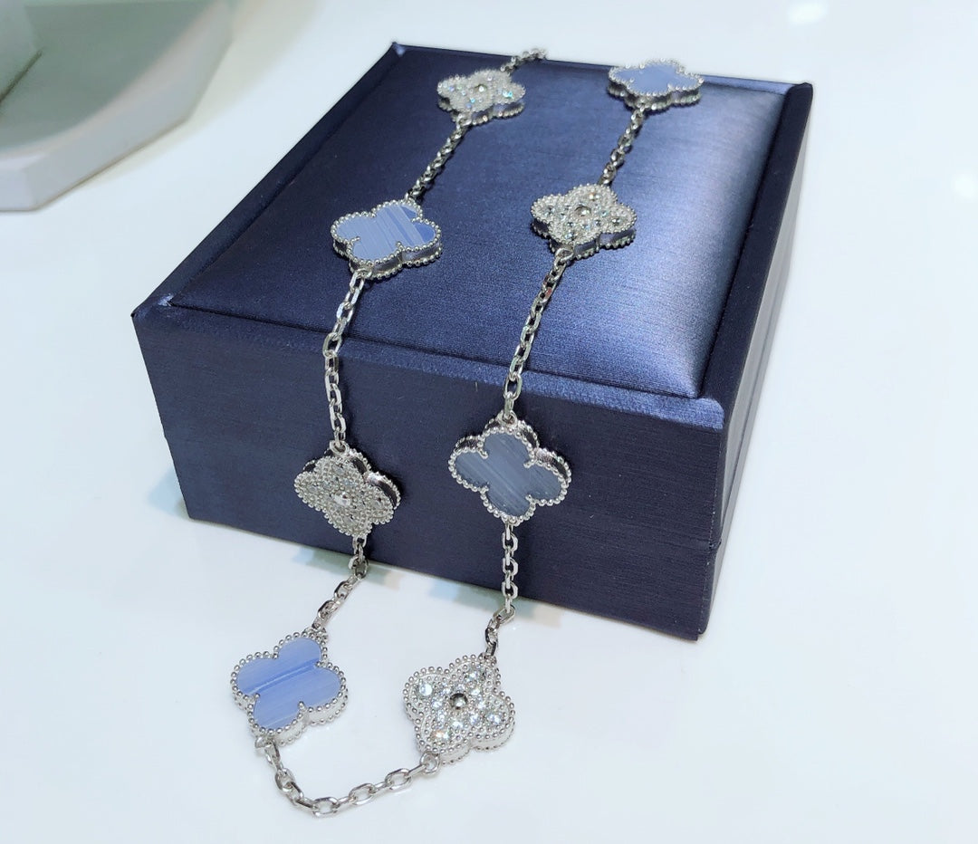 [Lucky Star]CLOVER 10 MOTIFS CHALCEDONY DIAMONDS SILVER NECKLACE