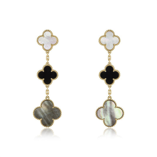 [Lucky Star]CLOVER EARRINGS GOLD ONYX MOP 3 MOTIF